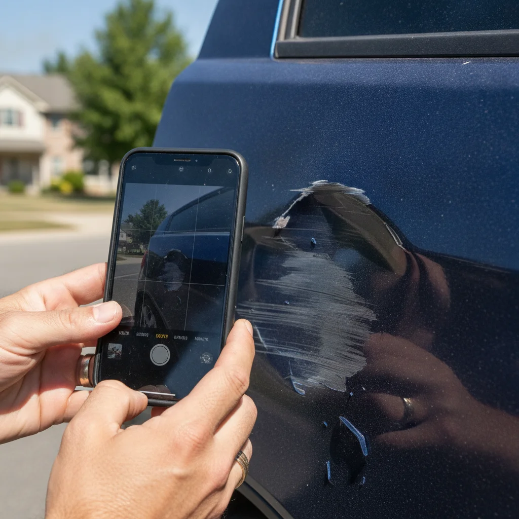 Person using a smartphone to photograph vehicle damage after a car accident