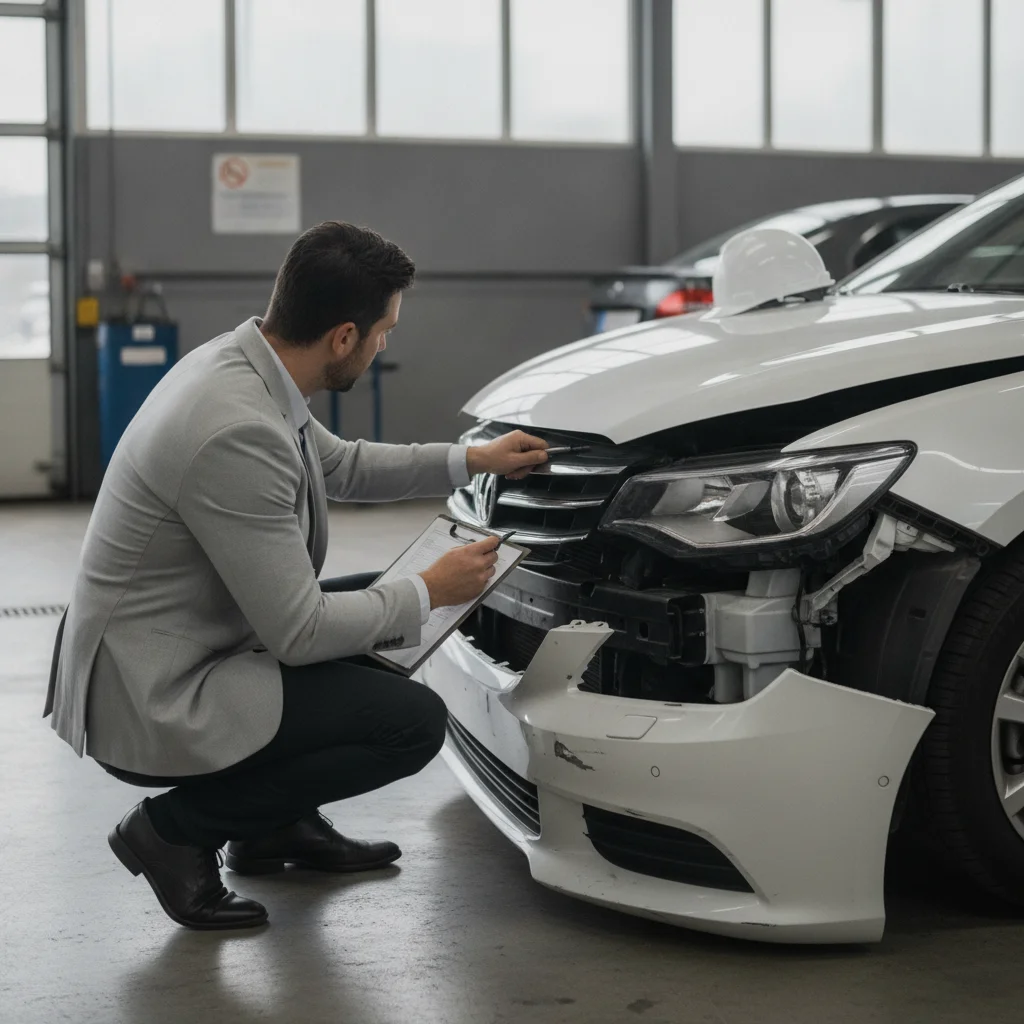 Insurance adjuster assessing front-end vehicle damage at an auto repair shop