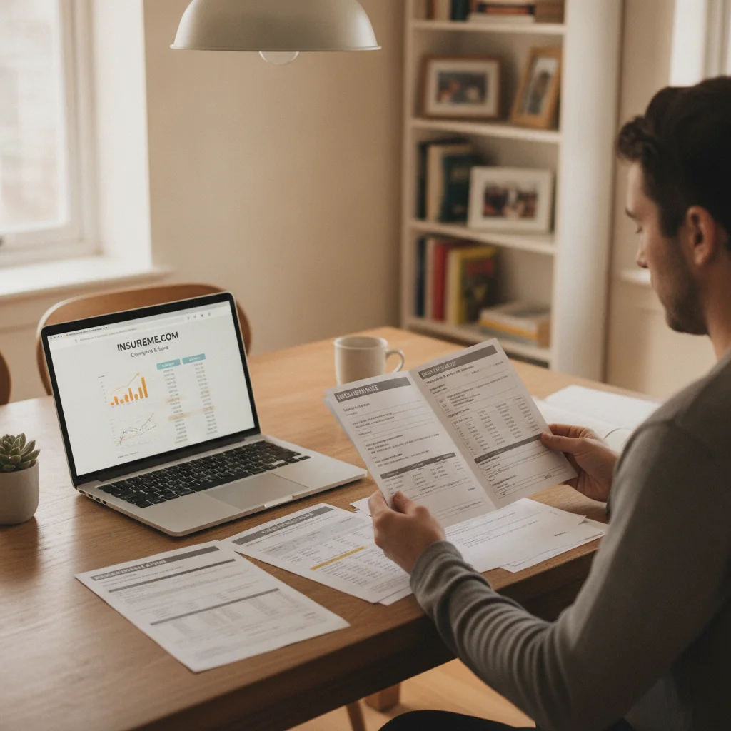 Driver reviewing insurance renewal paperwork and comparing policies on a laptop at home