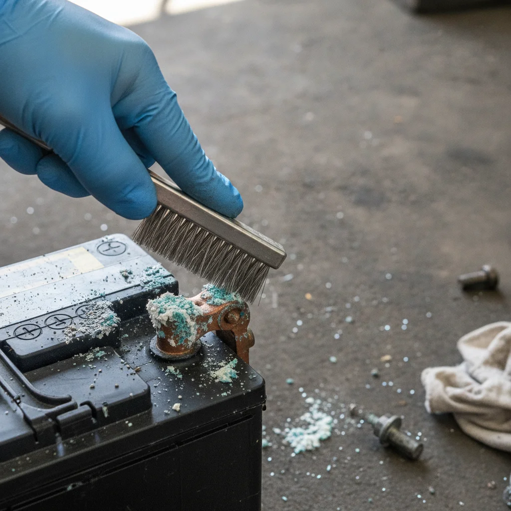Corroded car battery terminal clamp being scrubbed clean with a wire brush tool