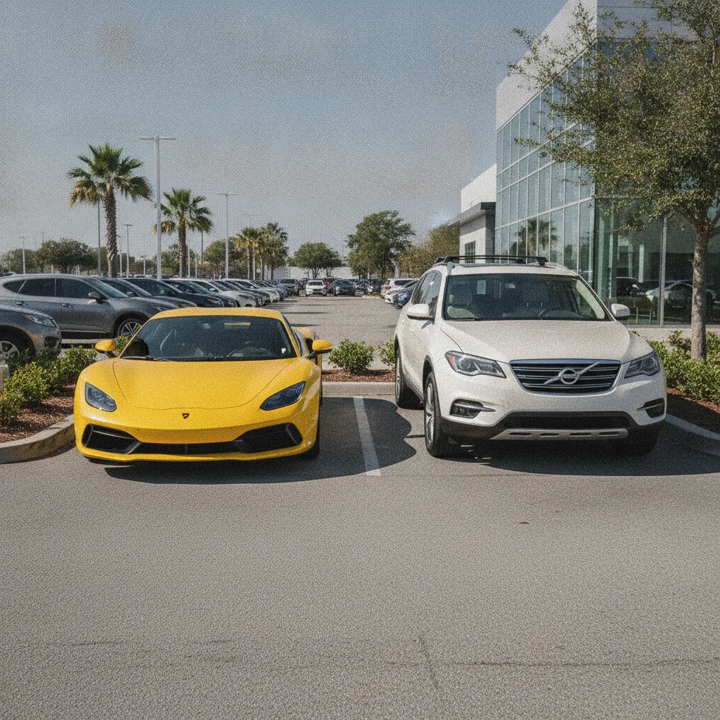 A bright yellow sports car and white SUV parked side by side at a dealership, illustrating color contrast