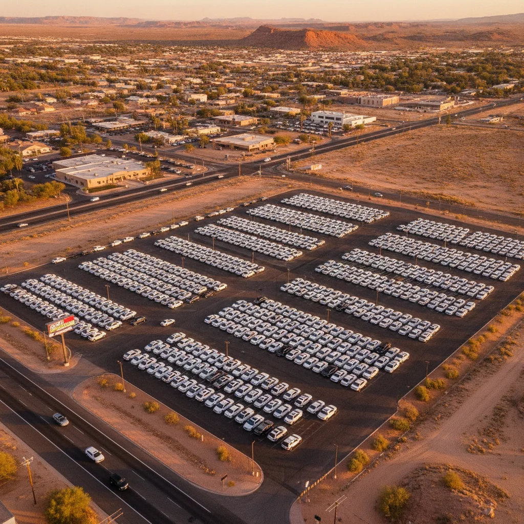 Aerial view of a used car lot in a desert city dominated by white and silver trucks and SUVs