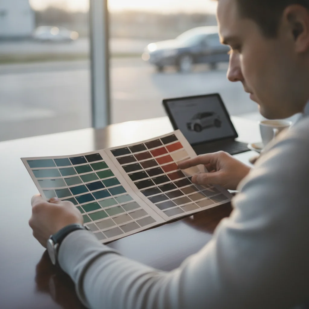 A person comparing two vehicle color brochures at a dealership table while making a purchase decision
