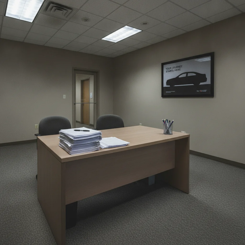 Empty finance office at a car dealership with paperwork stacked on a desk