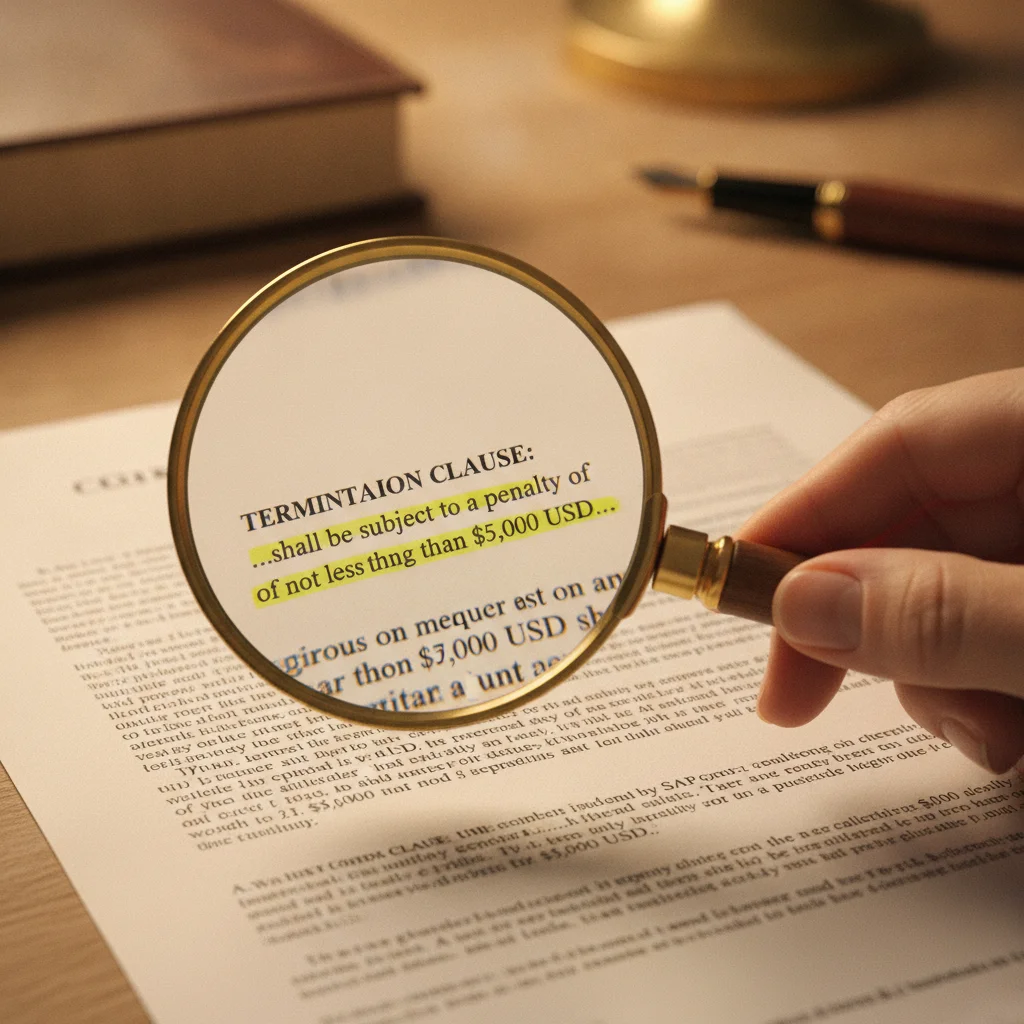 Hand using magnifying glass to examine fine print on a car purchase contract