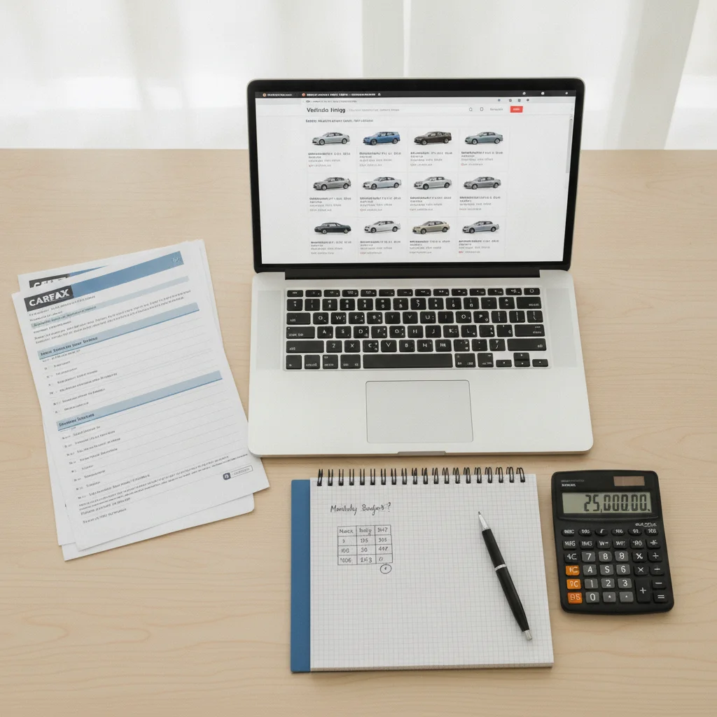 Laptop with vehicle pricing data, printed reports, notepad with numbers, calculator on desk