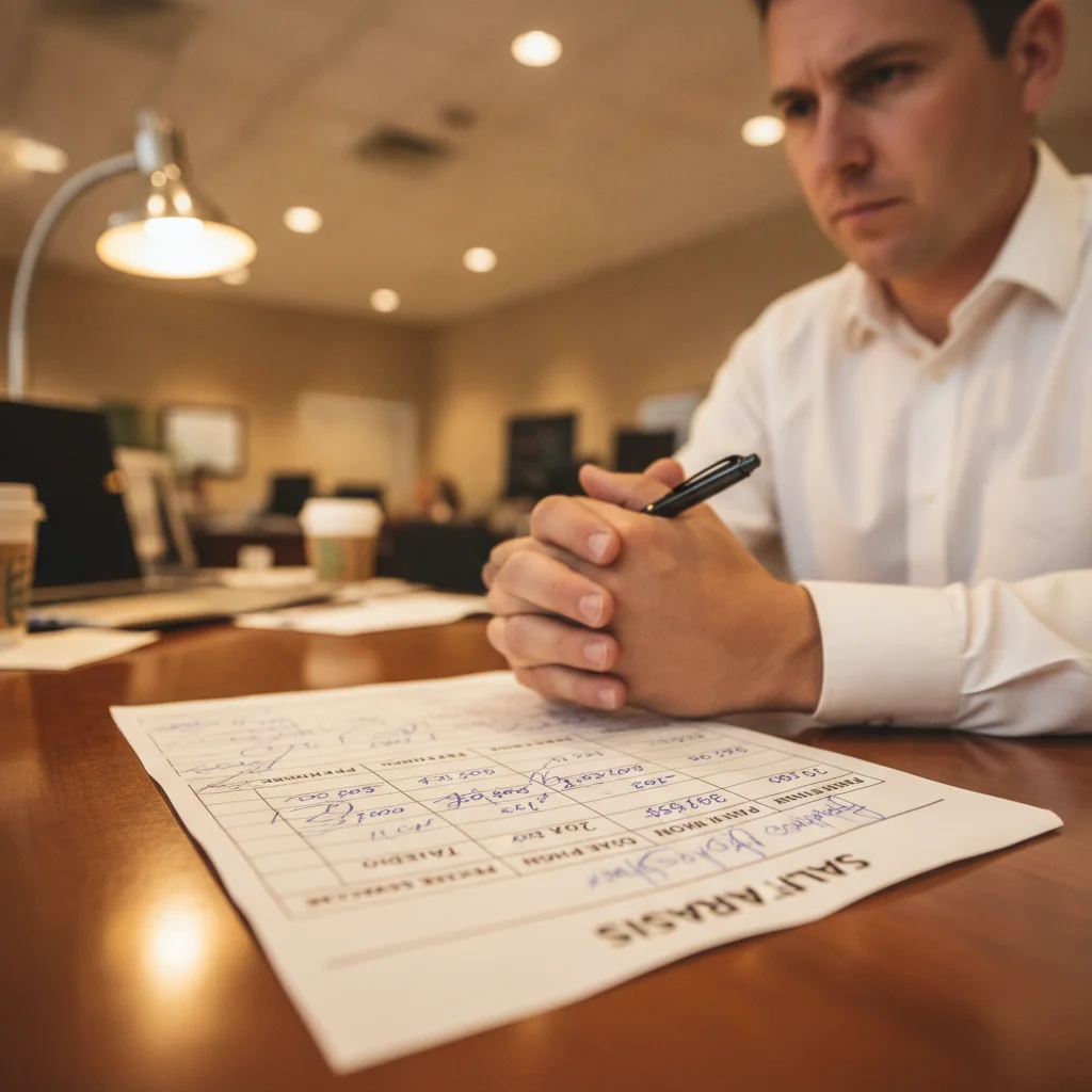Dealership negotiation desk with four-square worksheet and salesperson holding pen across the table