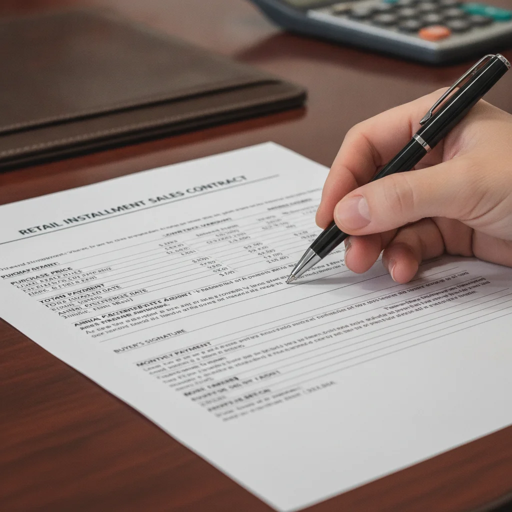Hand holding pen over a retail installment sales contract at car dealership, numbers visible on page