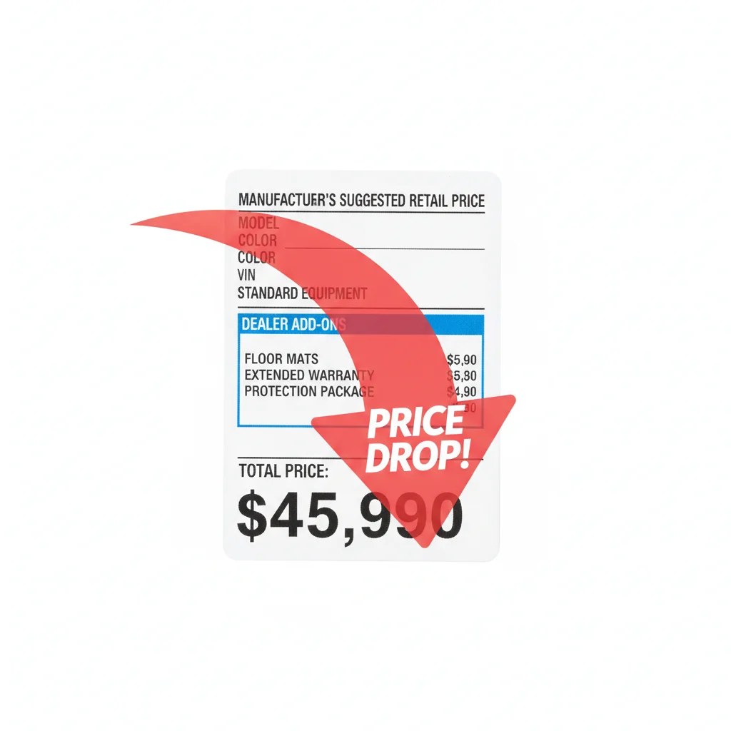Vehicle window sticker with a downward arrow showing falling resale value after purchase