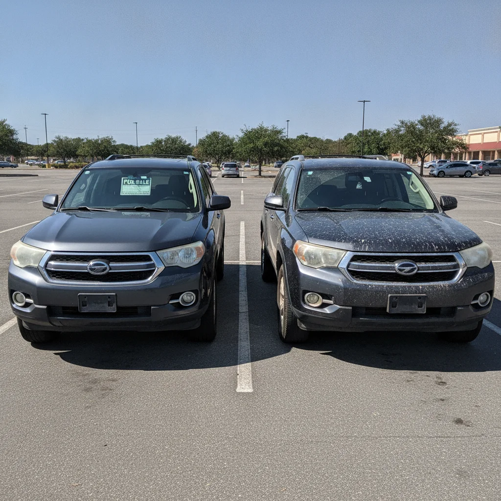 Two identical used SUVs parked side by side, one well-maintained and one visibly neglected, illustrating condition impact on value