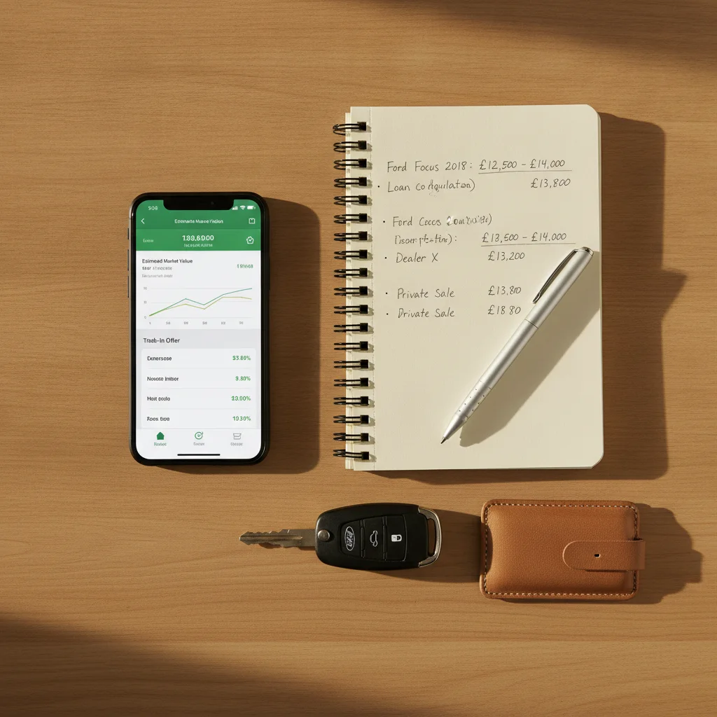 Smartphone with car valuation tools and notebook with price calculations on a desk