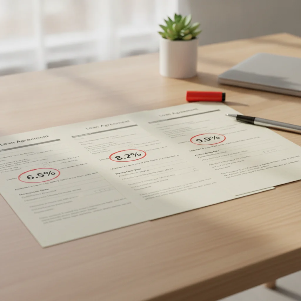 Three auto loan offer documents displayed side by side with different APR figures highlighted