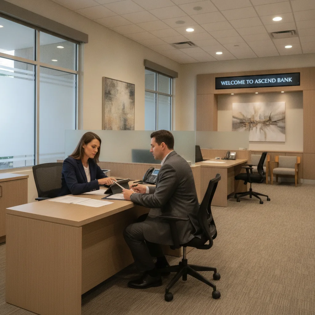 Bank loan officer reviewing auto loan application documents with a customer at a desk