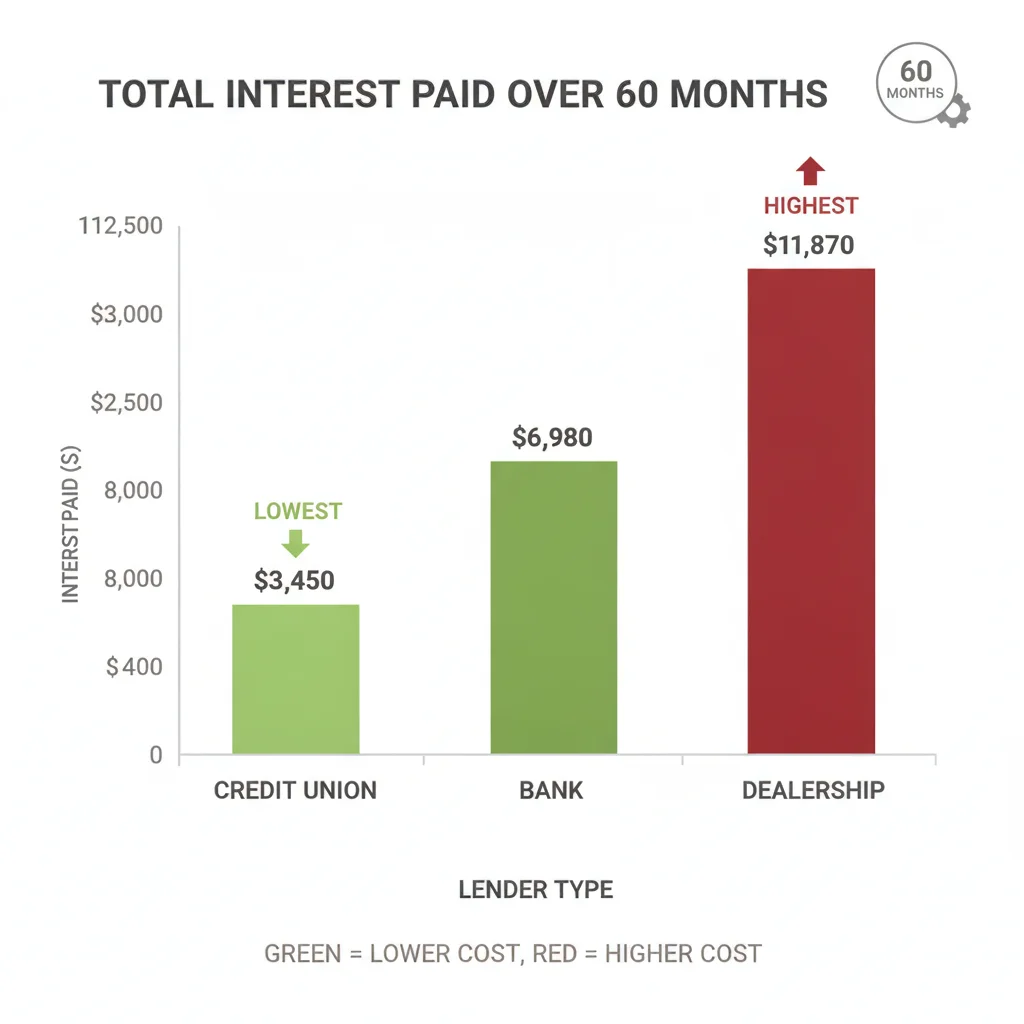 Bar chart comparing total interest paid over 60 months for credit union, bank, and dealership auto loans