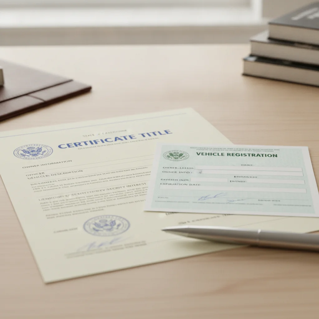 Vehicle title certificate and registration documents laid flat on a wooden desk with a pen