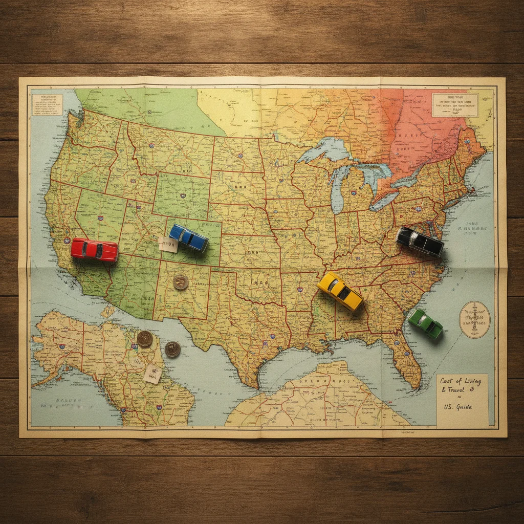US road map on a table with small toy cars placed on different states illustrating geographic tax variation