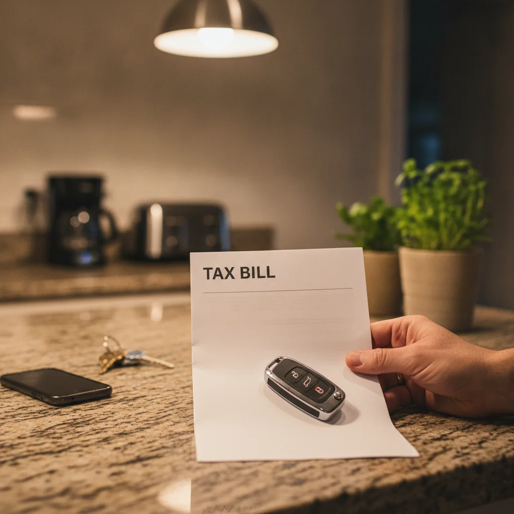 Hand holding a vehicle property tax bill next to a set of car keys on a kitchen counter