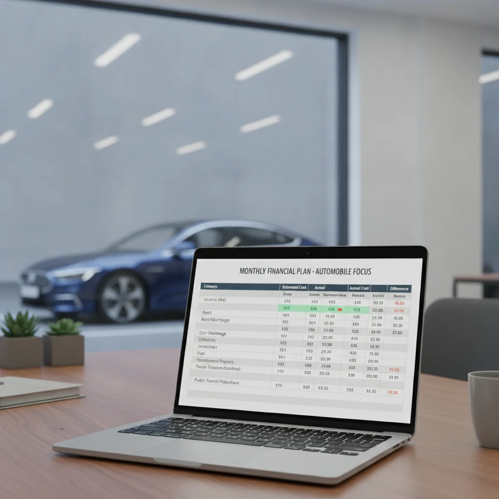 Laptop showing a budget spreadsheet for vehicle costs with a car parked outside a window