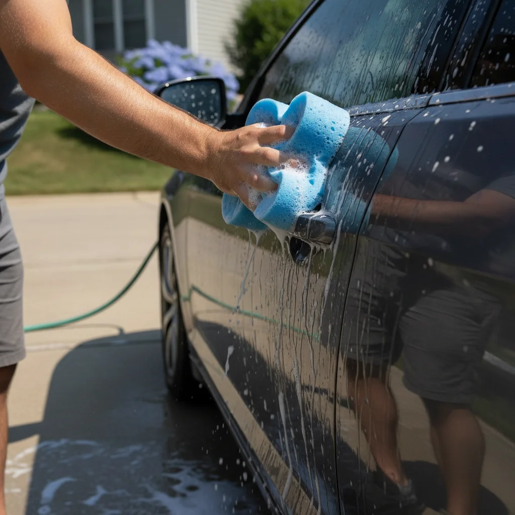 A person washing a dark sedan exterior with soapy water on a bright morning
