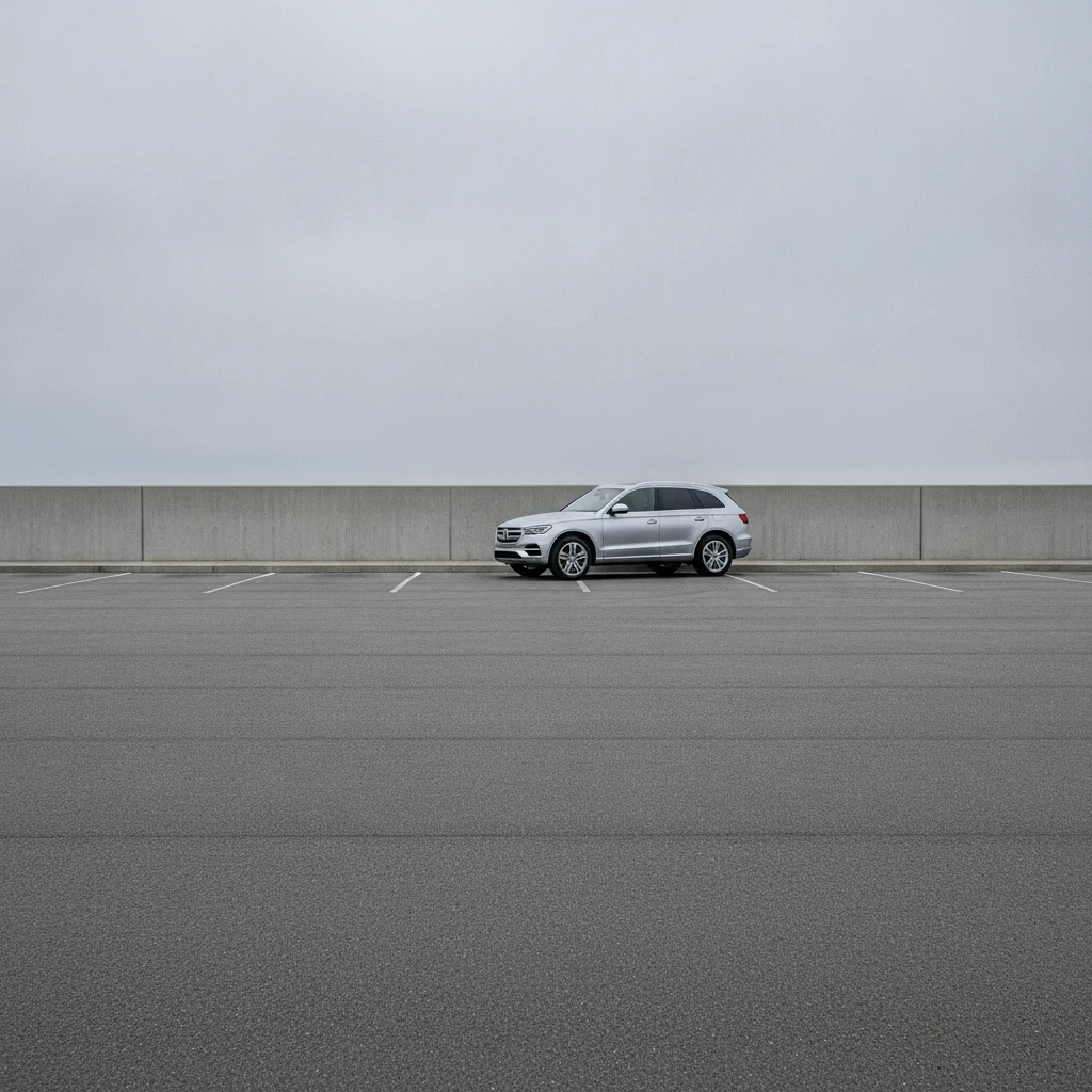 A silver SUV parked in a flat empty parking lot against a plain concrete wall on a cloudy day