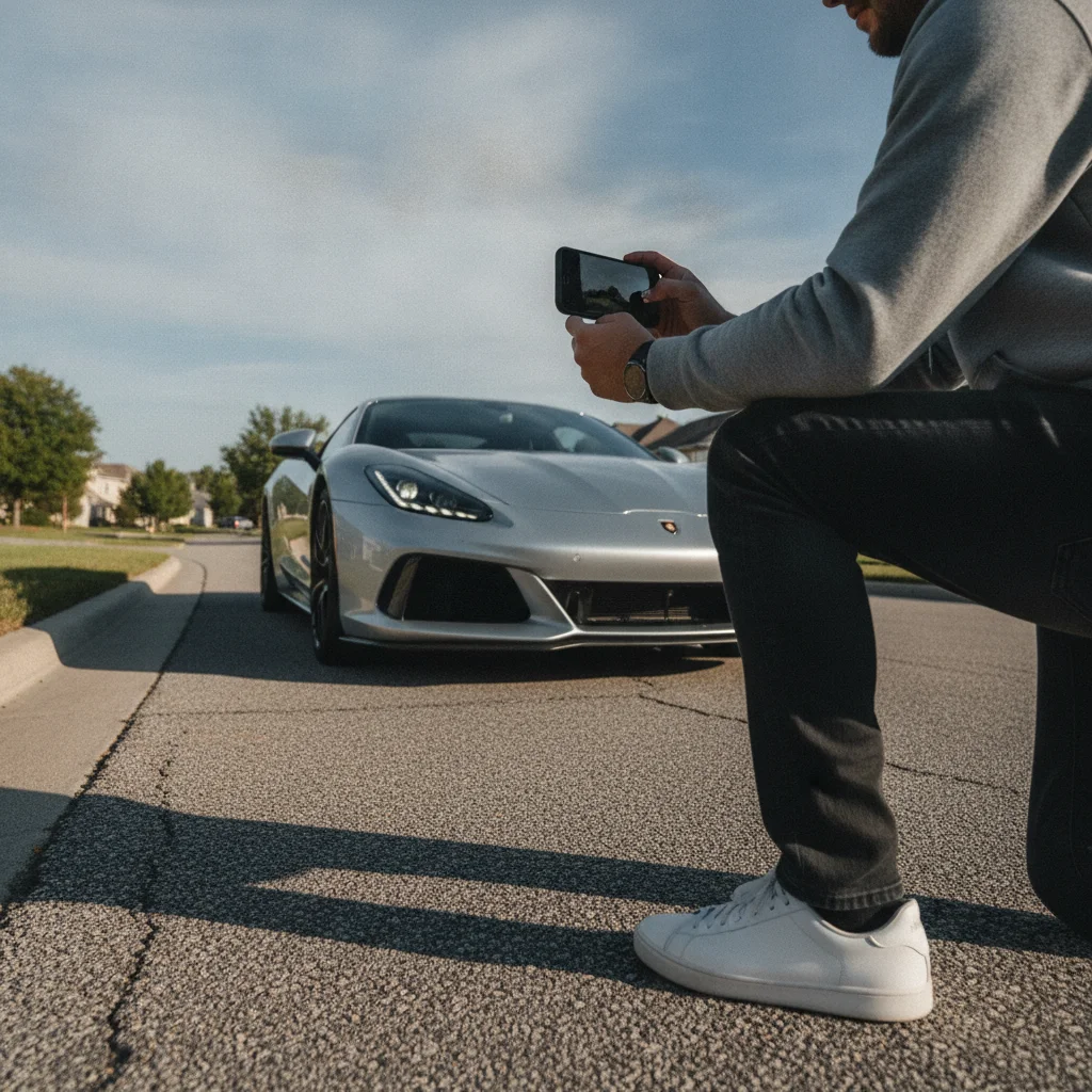 A person crouching at knee height using a smartphone to photograph a car from a low three-quarter angle