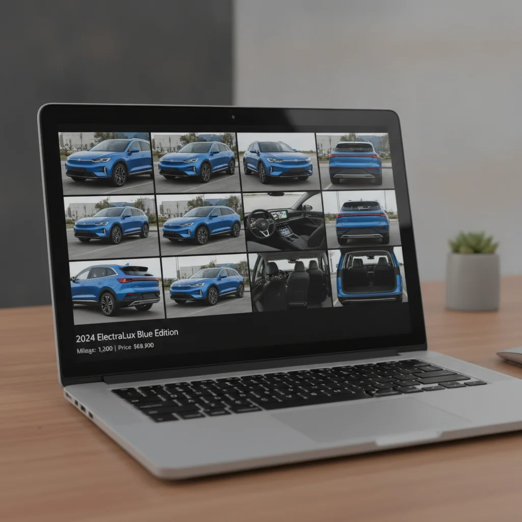 A laptop screen showing a well-organized private car listing with multiple professional-looking thumbnail photos