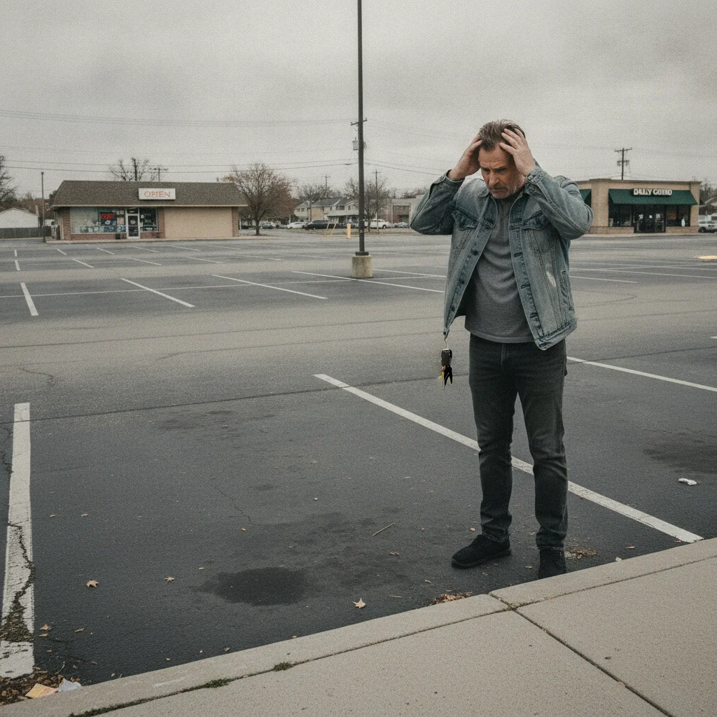 A distressed car owner standing in an empty parking spot where their car was stolen