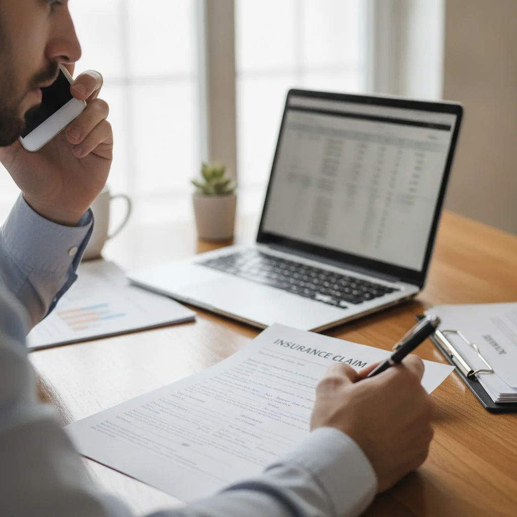 A car owner filing an insurance claim on the phone while completing paperwork at a desk