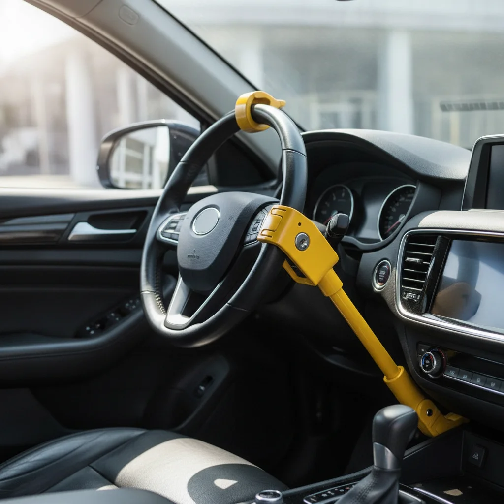A bright red steering wheel lock device securing the steering wheel of a parked car