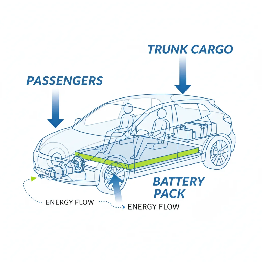 Diagram illustrating how passenger and cargo weight distribution affects energy demand in an electric vehicle