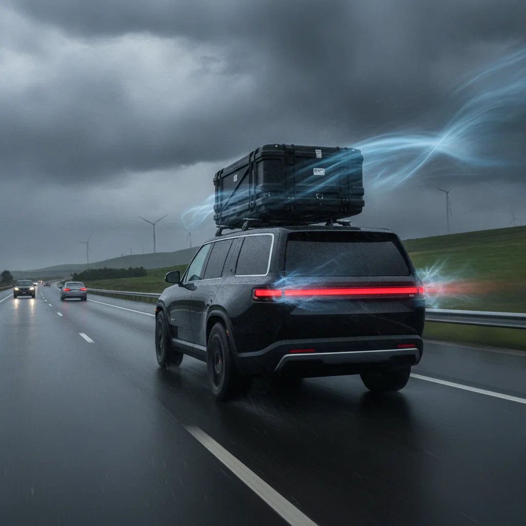 Electric SUV with rooftop cargo box showing aerodynamic drag visualization at highway speed