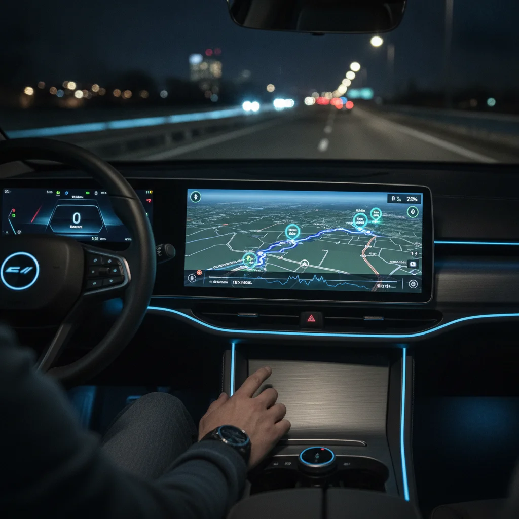 EV driver using in-car navigation to plan charging stops on a route with elevation changes
