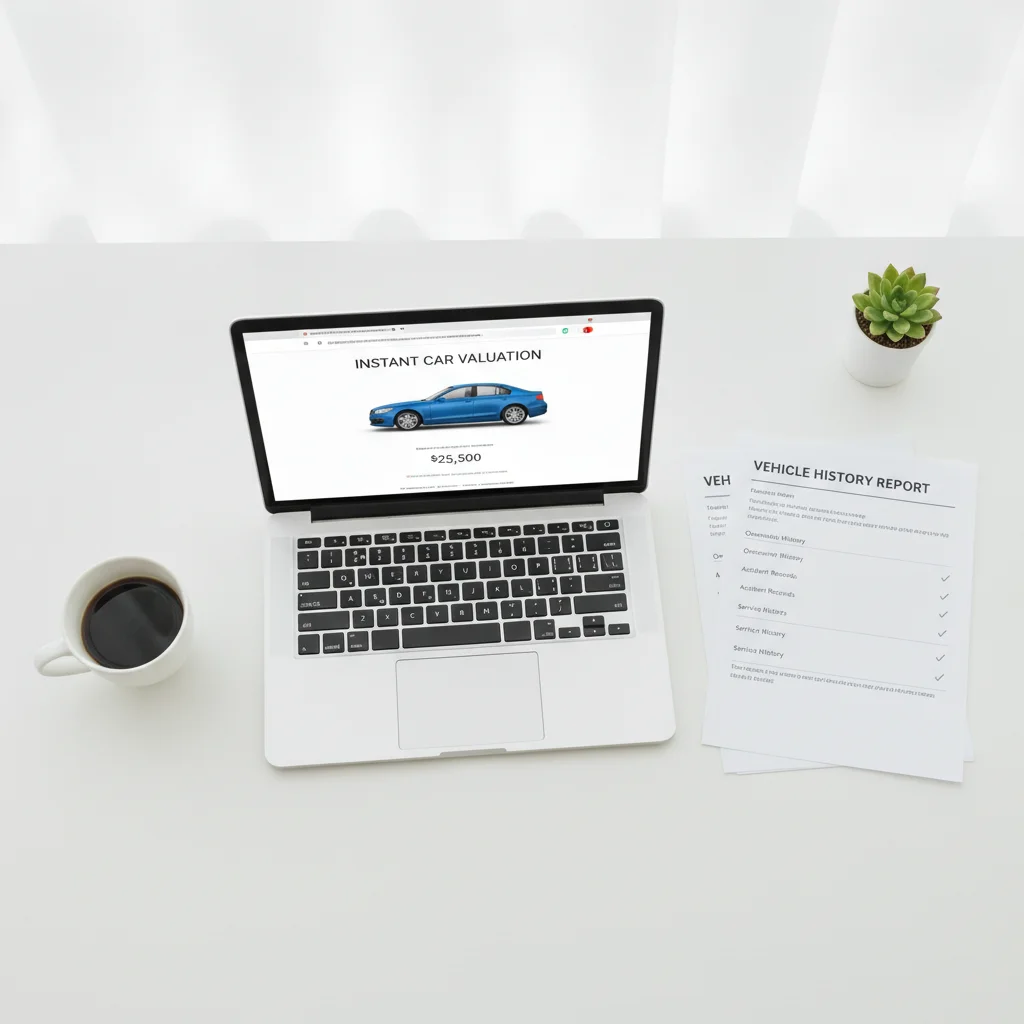 Laptop displaying a car valuation tool screen next to a vehicle history report on a white desk
