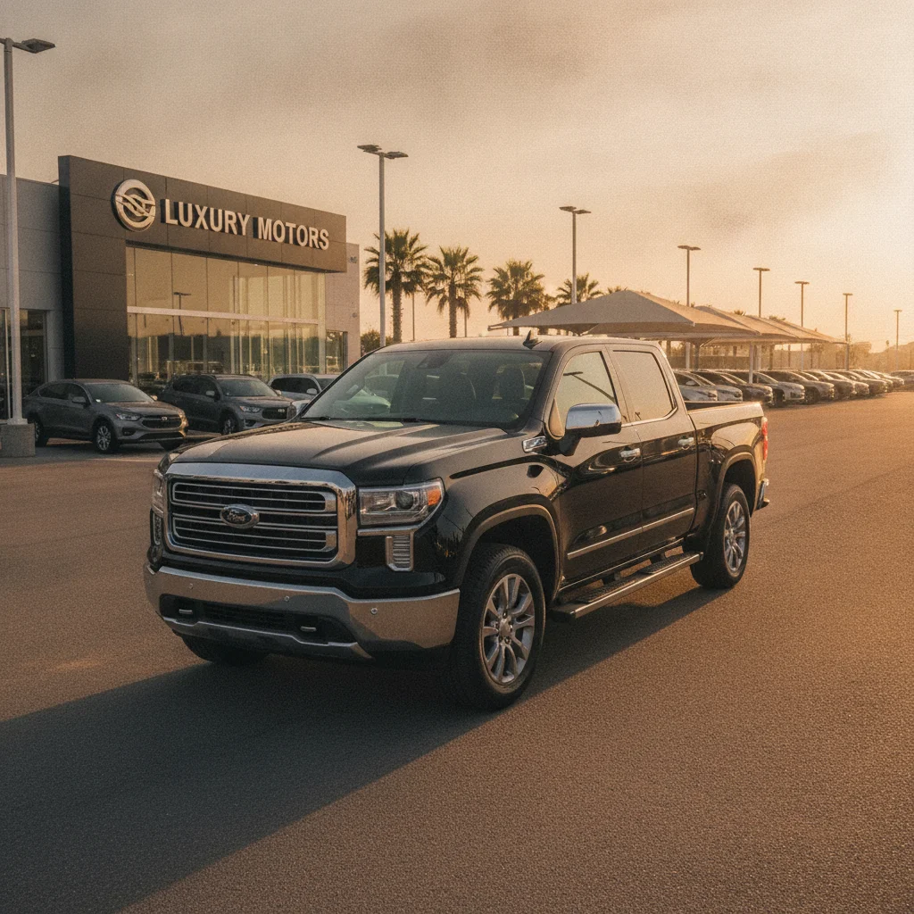 Clean full-size pickup truck parked on an open lot under bright sunlight at a dealership