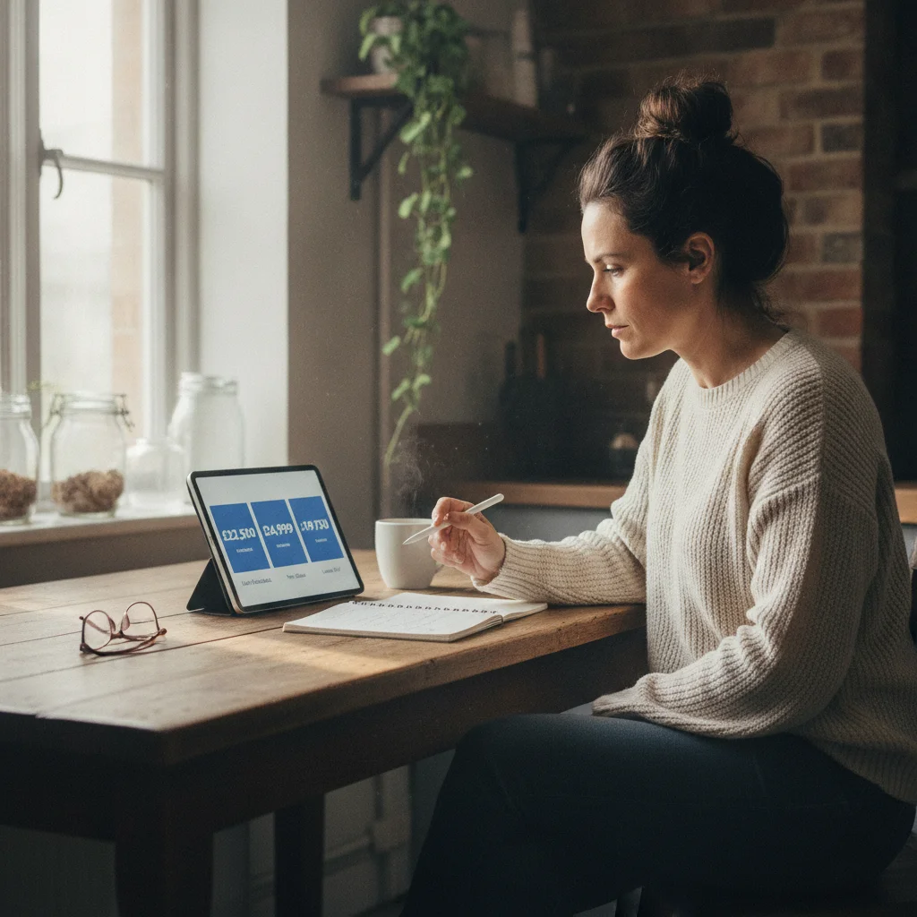 Person comparing three car selling offer amounts on a tablet screen at a kitchen table