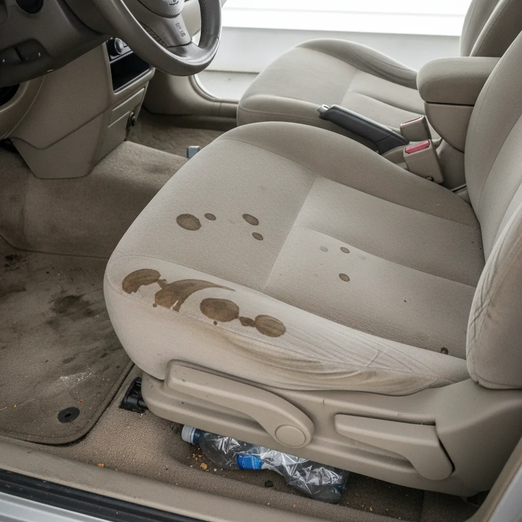 Visible stain on a cloth car seat and carpet as seen during a pre-sale inspection