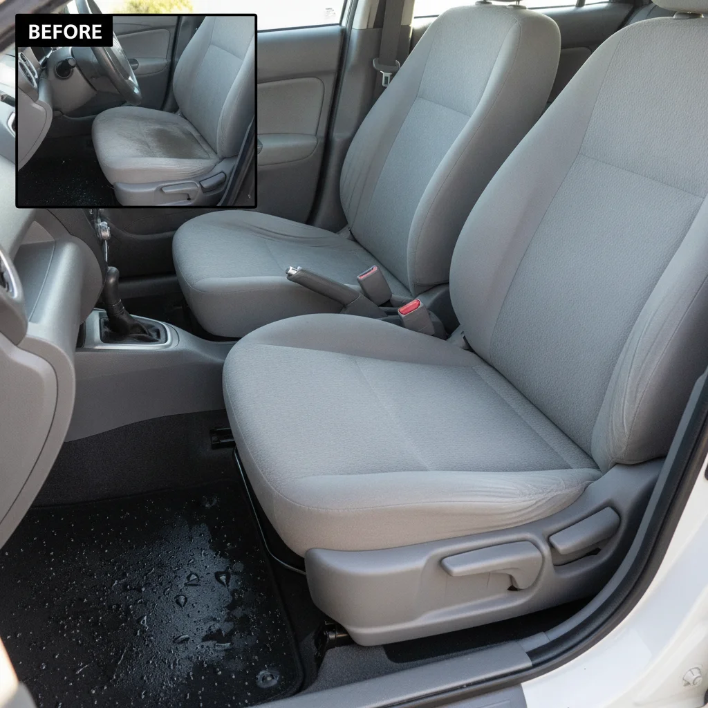 Cleaned car carpet and cloth seat after stain removal treatment showing visible improvement