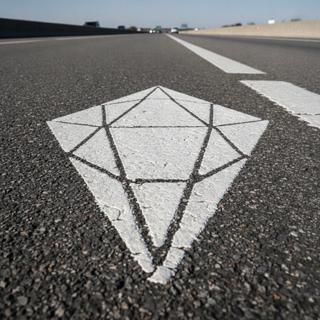 Diamond HOV symbol painted in white on highway asphalt marking a carpool lane