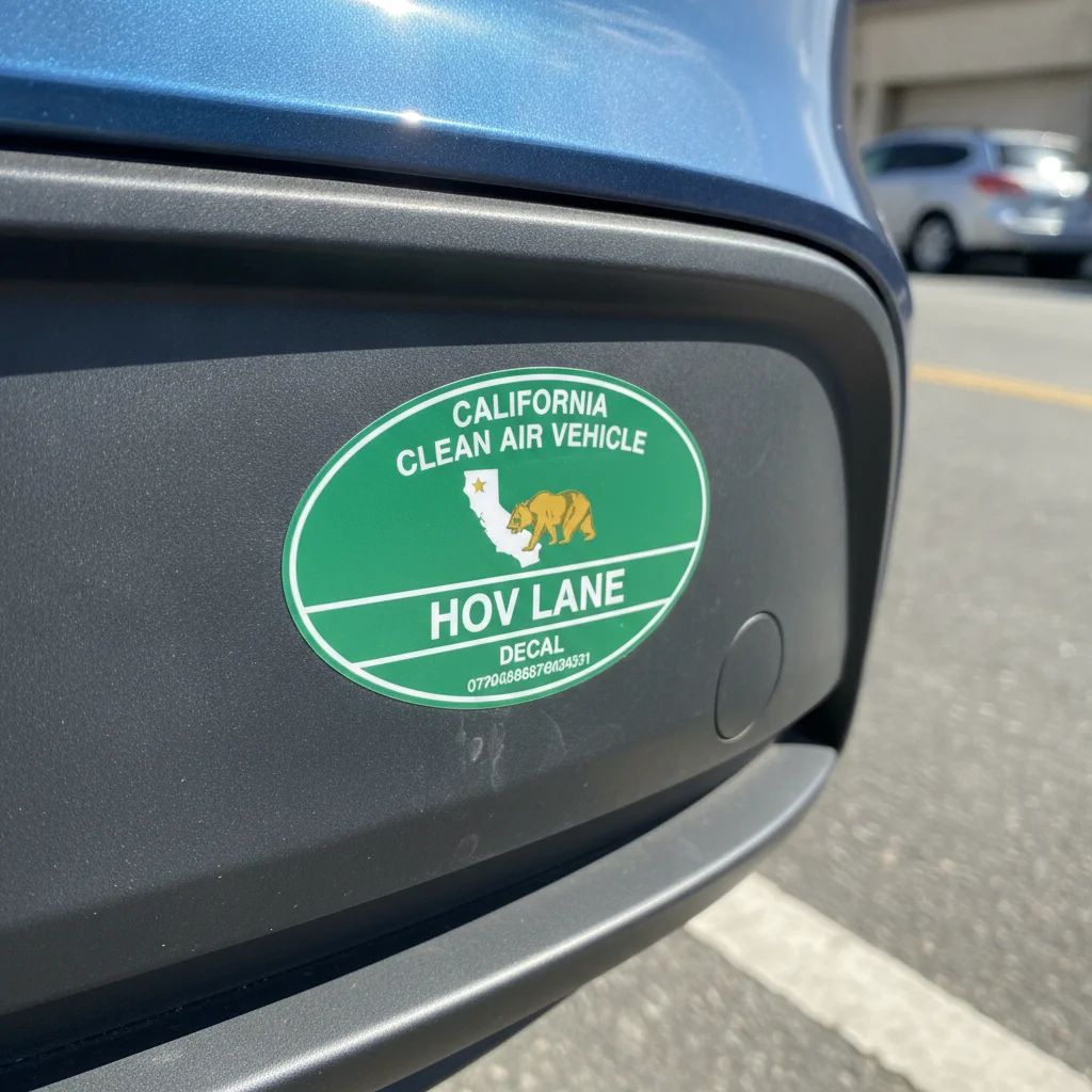 A green California Clean Air Vehicle decal on a car allowing solo HOV lane access for electric vehicles