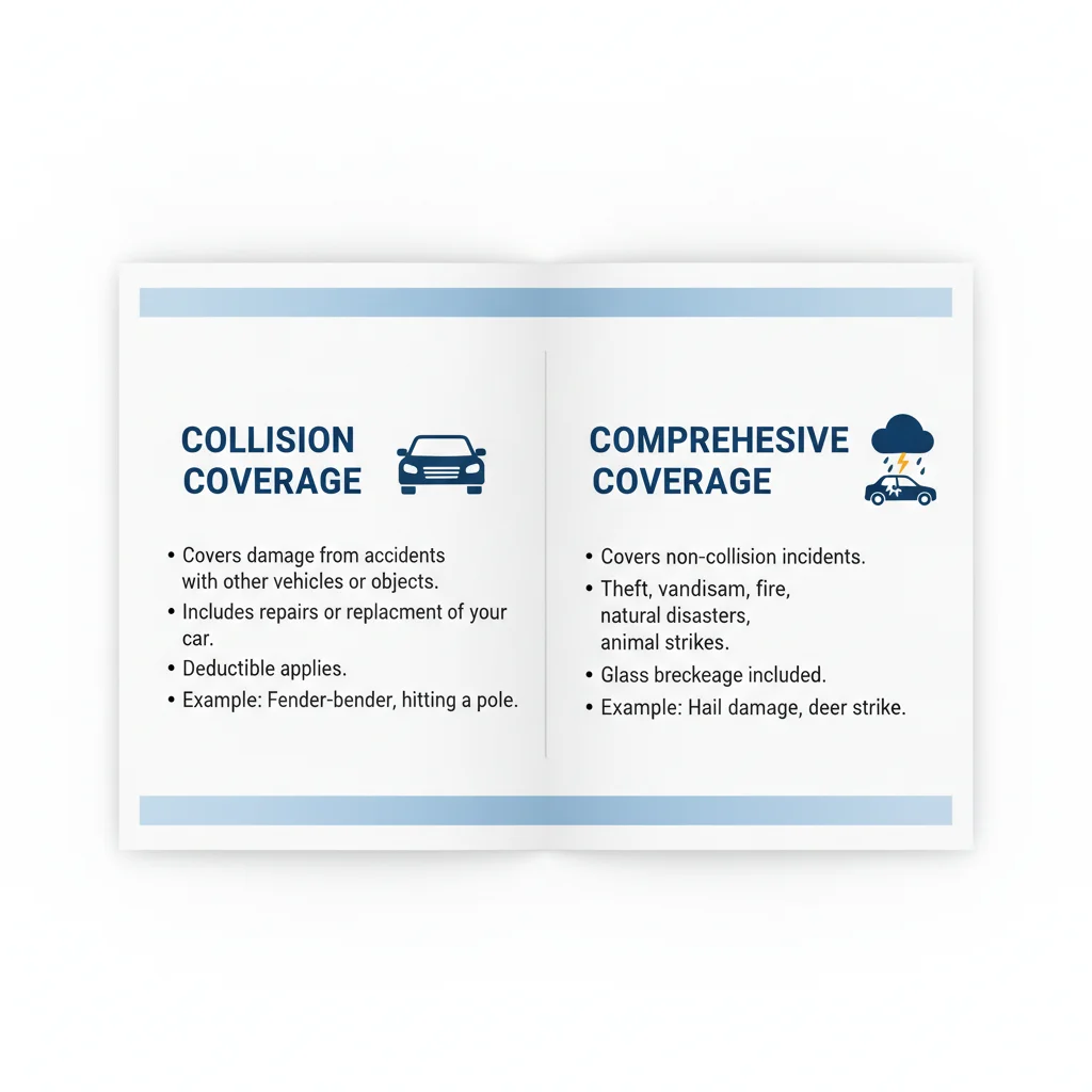 An insurance policy document split into collision and comprehensive coverage sections displayed flat on a white surface