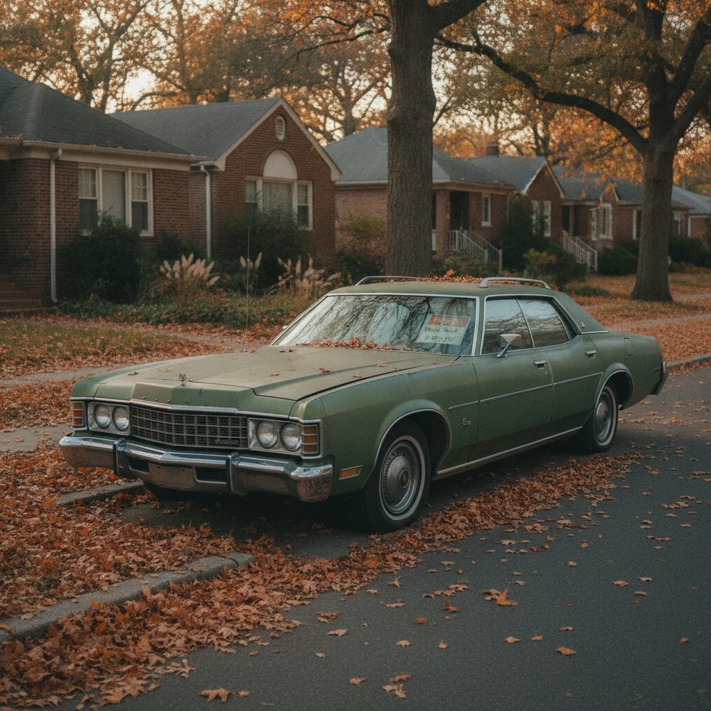 An older sedan parked on a quiet suburban street surrounded by fallen autumn leaves, suggesting vehicle depreciation