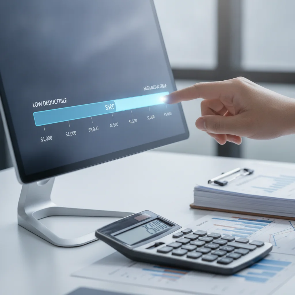 A hand adjusting a deductible level dial on an insurance graphic surrounded by a calculator and financial paperwork