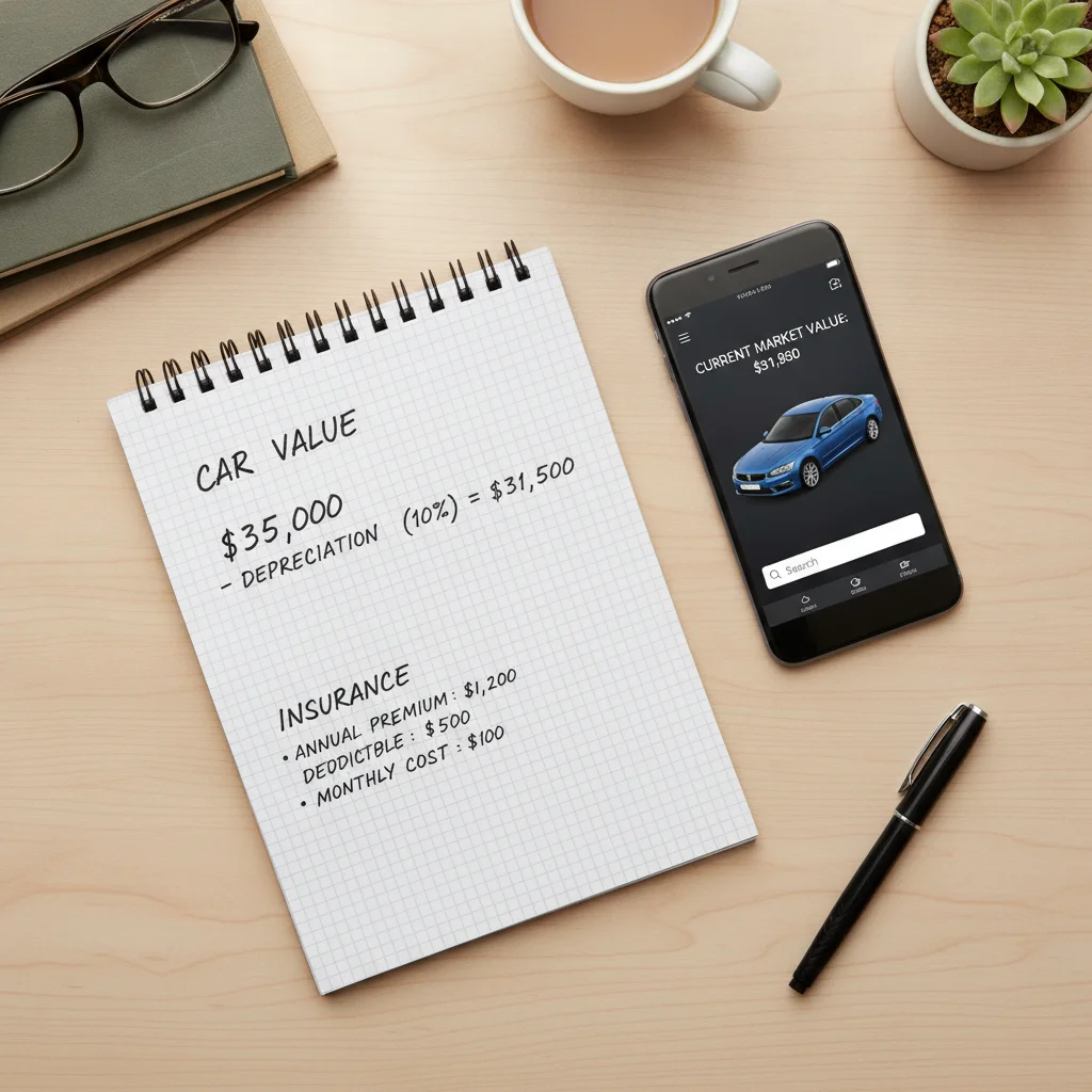 Overhead view of a notepad with car insurance cost calculations alongside a smartphone showing a vehicle valuation tool