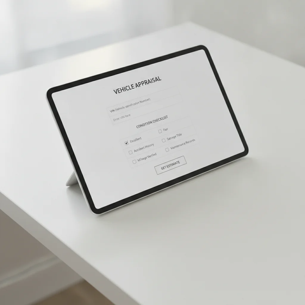 Laptop screen showing a digital car valuation form with vehicle condition options
