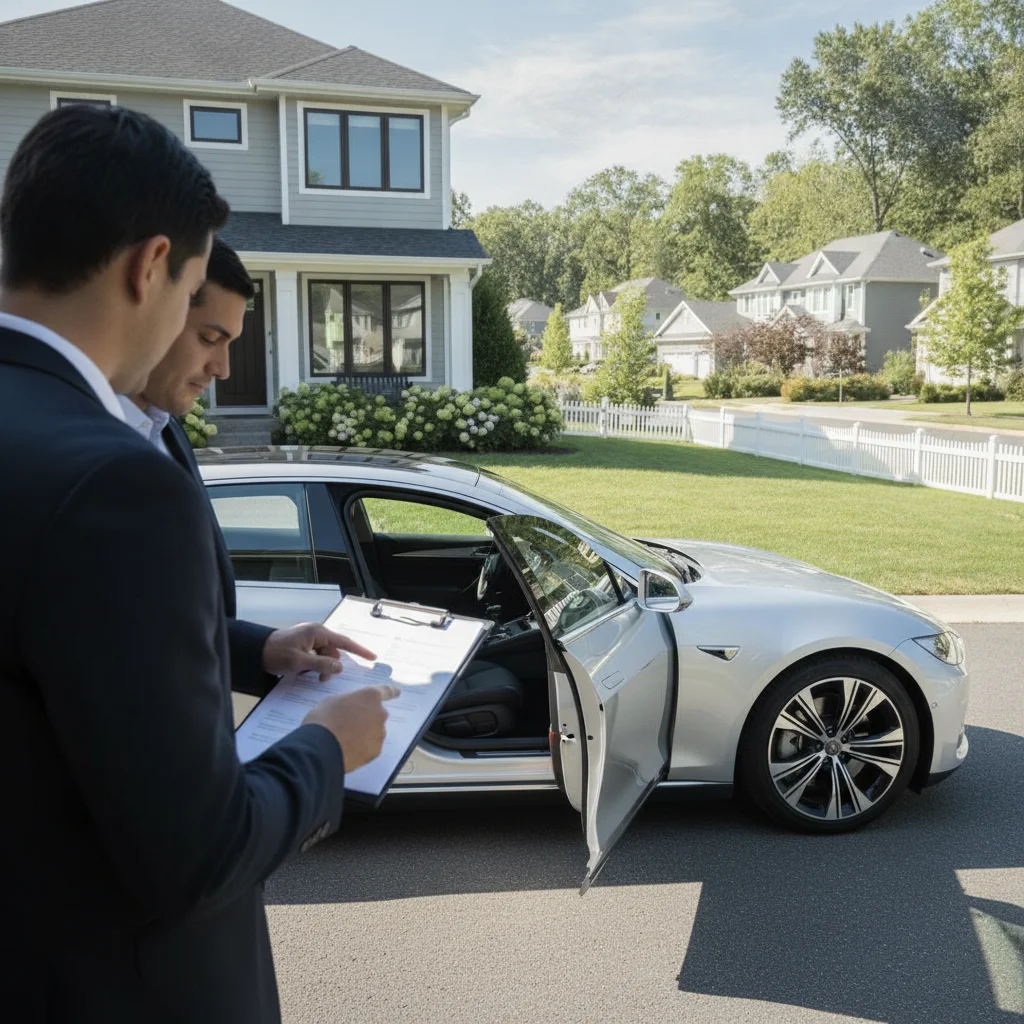 Person reviewing paperwork during a vehicle handoff in a residential driveway