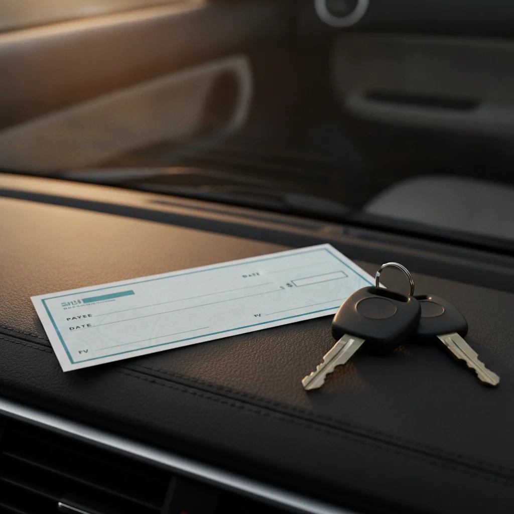 A printed payment check resting on a car dashboard beside a set of keys