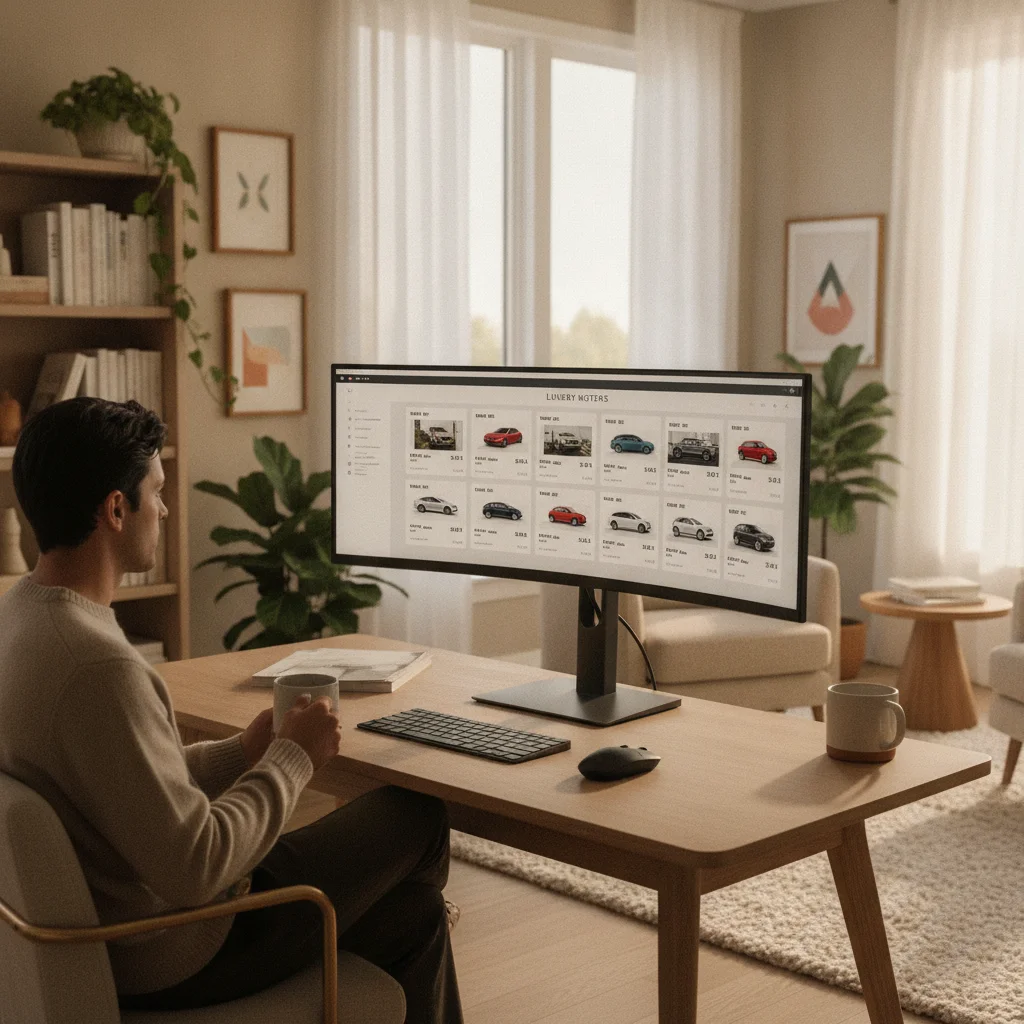Person browsing an online used car inventory on a desktop computer at home