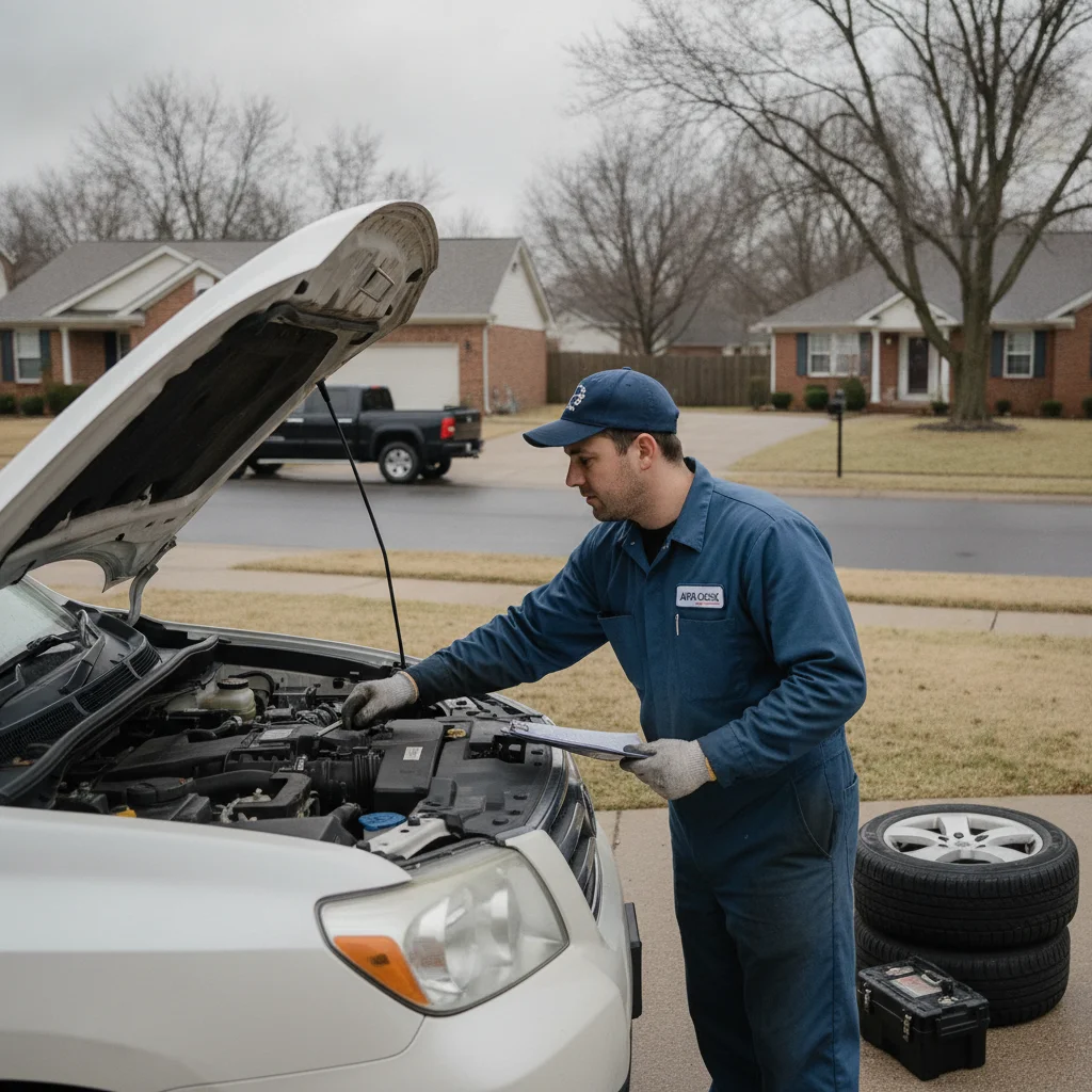 Mechanic inspecting a white SUV delivered to a home driveway with a clipboard