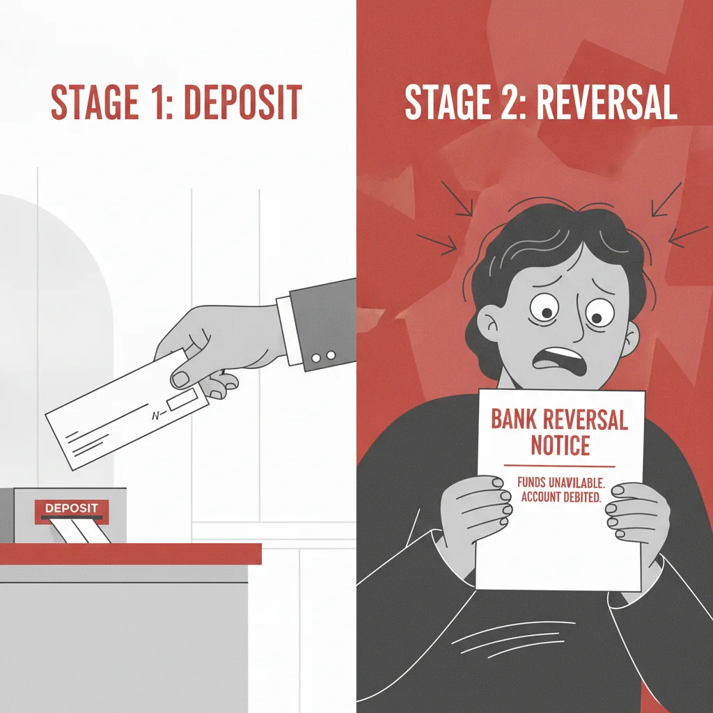 Illustration showing the process of depositing a fake cashier's check followed by a bank reversal notice