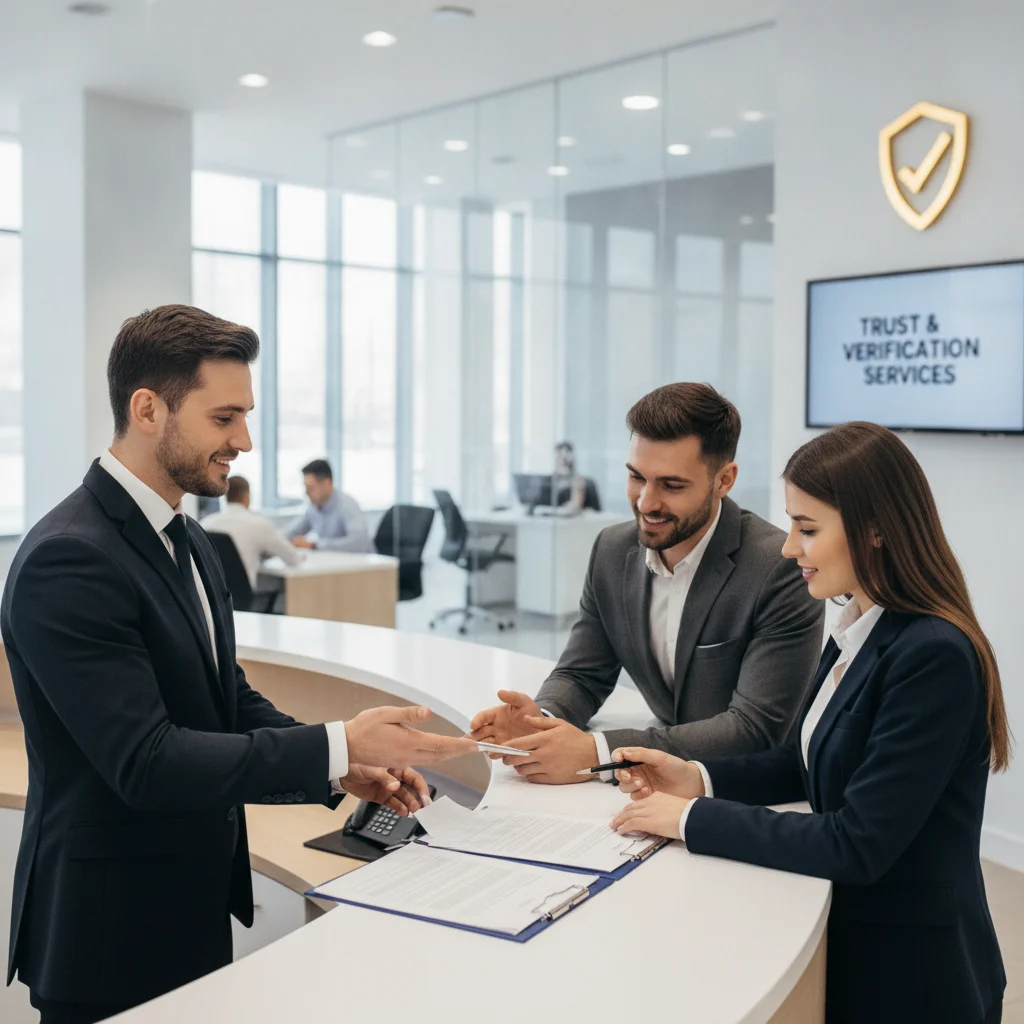 A private car seller and buyer completing a transaction at a bank branch with a manager present